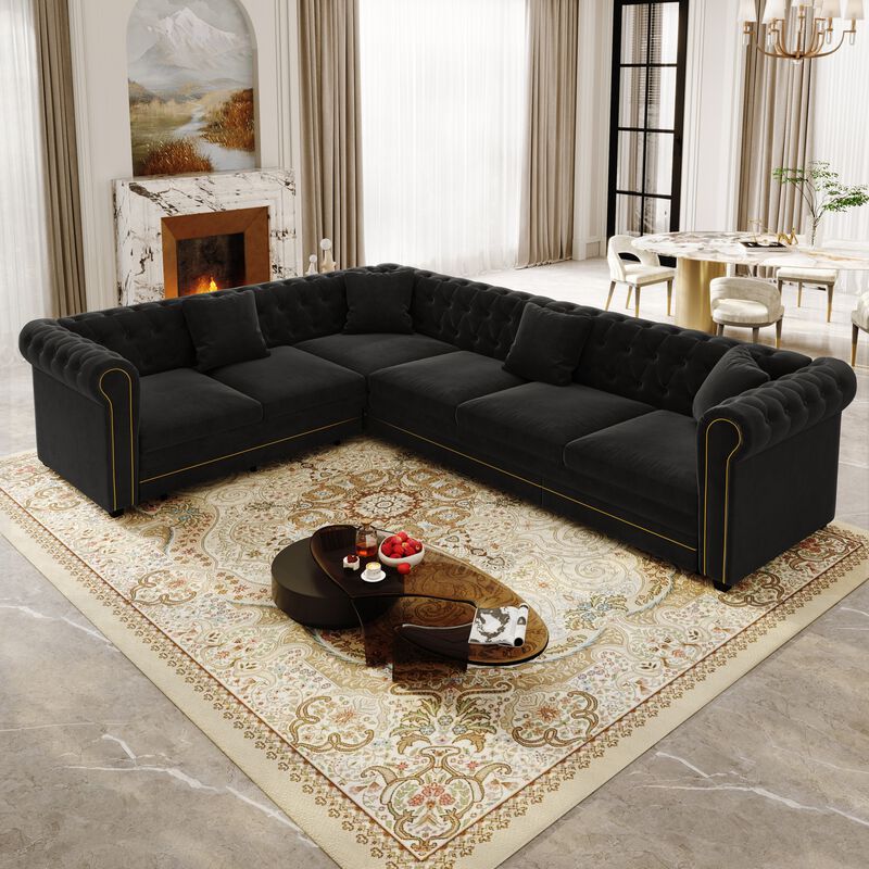 Gorheg Velvet L‑Shaped Chesterfield Sectional Sleeper Sofa image number 2
