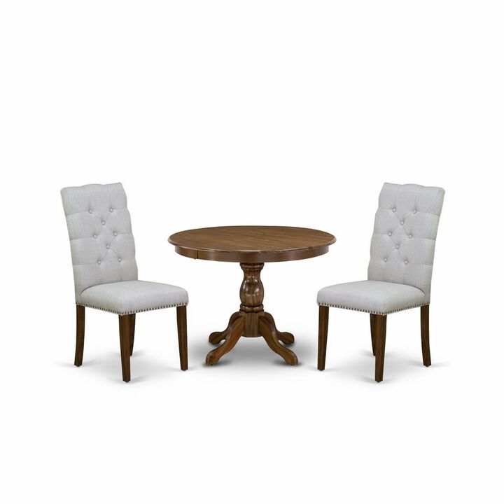 East West Furniture HBEL3-AWA-05 3 Piece Dining Table Set - Acacia Walnut Small Kitchen Table and 2 Grey Linen Fabric Dining Chairs with Panel Back - Acacia Walnut Finish
