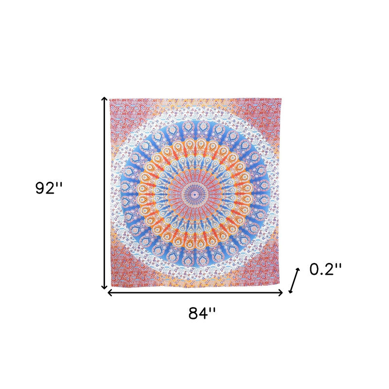 HomeRoots 92" X 84" Orange Blue And Yellow Mandala Cotton Hanging Tapestry image number 3