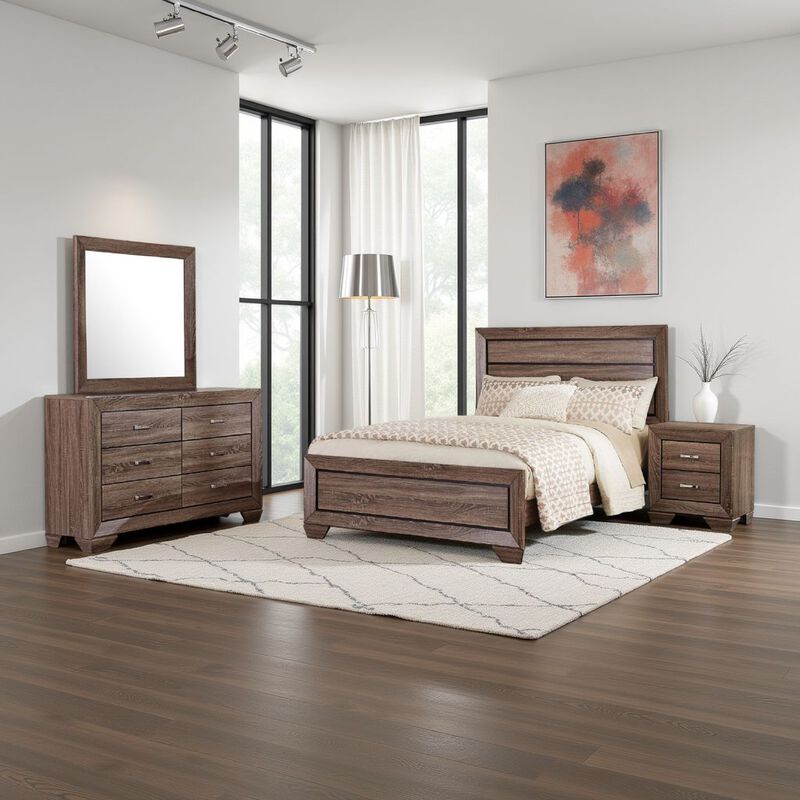 Bello 4pc King Bedroom Set, Transitional Washed Taupe Brown n Black