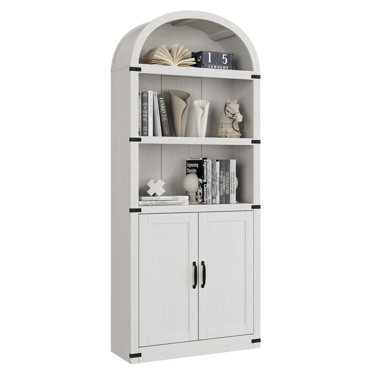 Vintage Farmhouse Arched 5-Tier Wooden Bookcase with Doors, Tall Display Cabinet for Living Room, Home Office and Bedroom