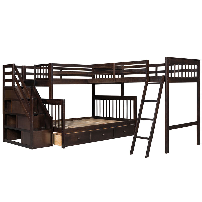 Twin Over Full L-Shaped Bunk Bed With 3 Drawers, Ladder And Staircase
