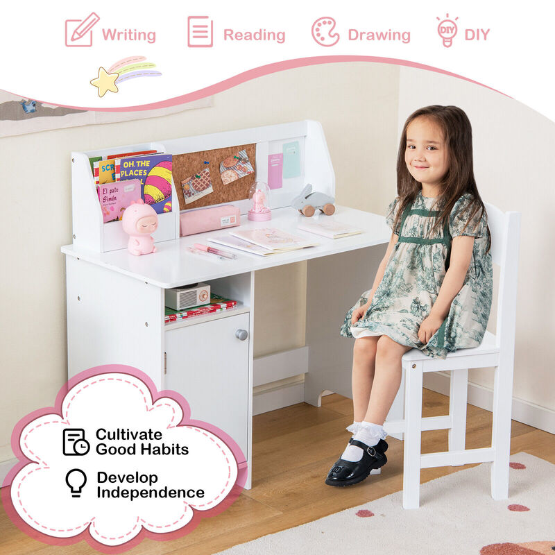 Wooden Kids Study Desk and Chair Set with Storage Cabinet and Bulletin Board