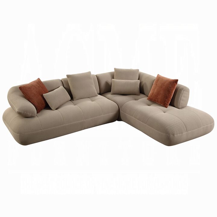 Erico L Sectional Sofa, 6 Pillows, Beige Sandwich Mesh Fabric 121 Inch