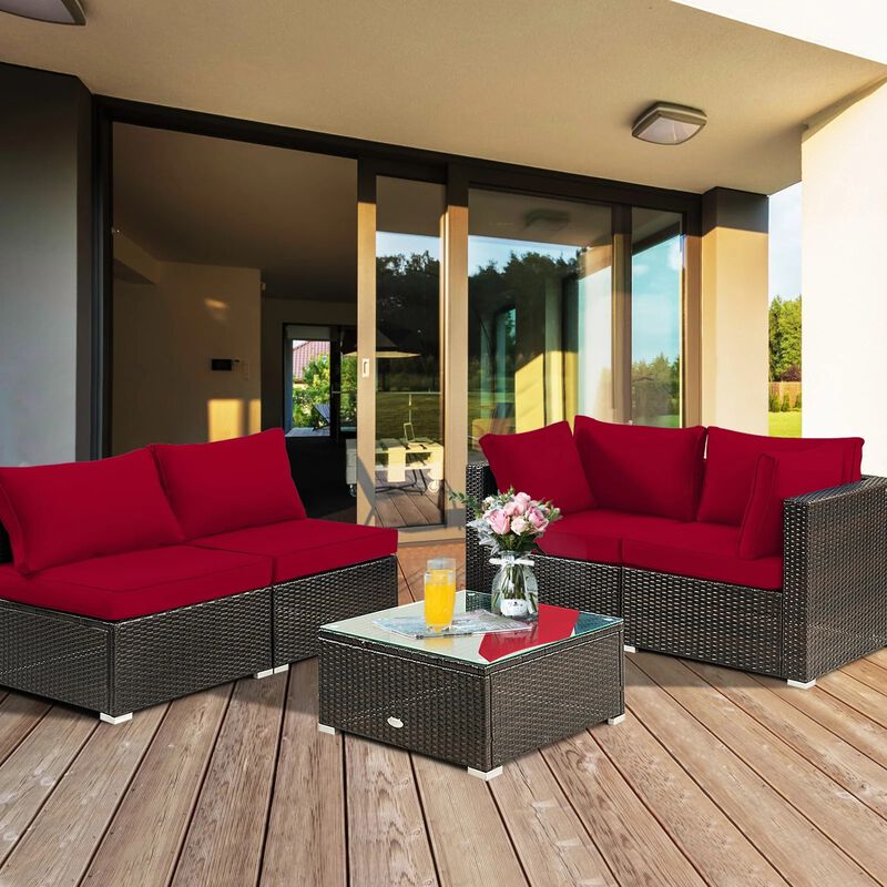 Mondawe 5 Pieces Cushioned Patio Rattan Furniture Set with Glass Table