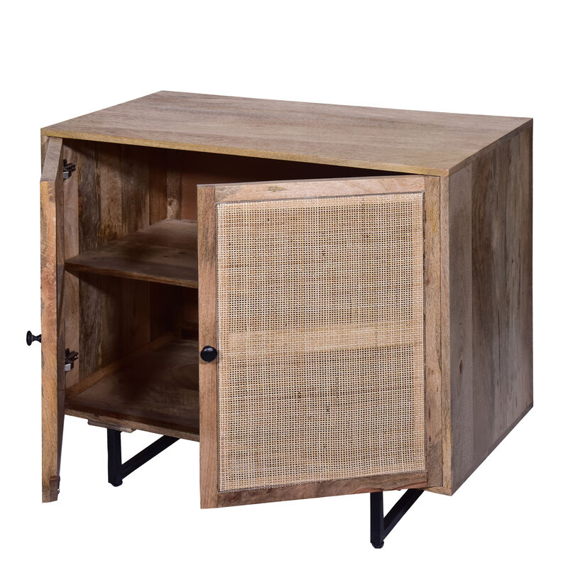 35 Inch Handcrafted Accent Cabinet with 2 Mesh Rattan Doors, Black Iron Legs, Natural Brown Mango Wood Frame-Benzara