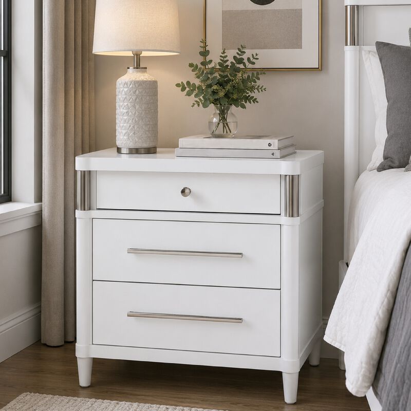 Ruvie Nightstand with 3 Drawers, Metal Post Accent, White Wood 26 Inch image number 1