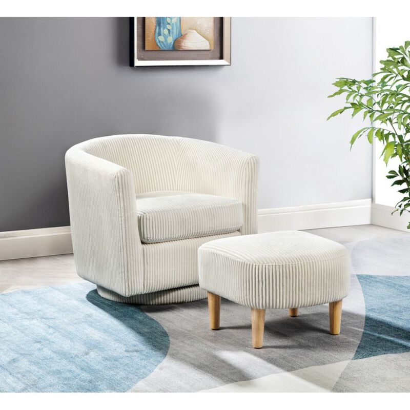 Best Quality Furniture 2 Piece Swivel Chair With Matching Ottoman In White Velvet