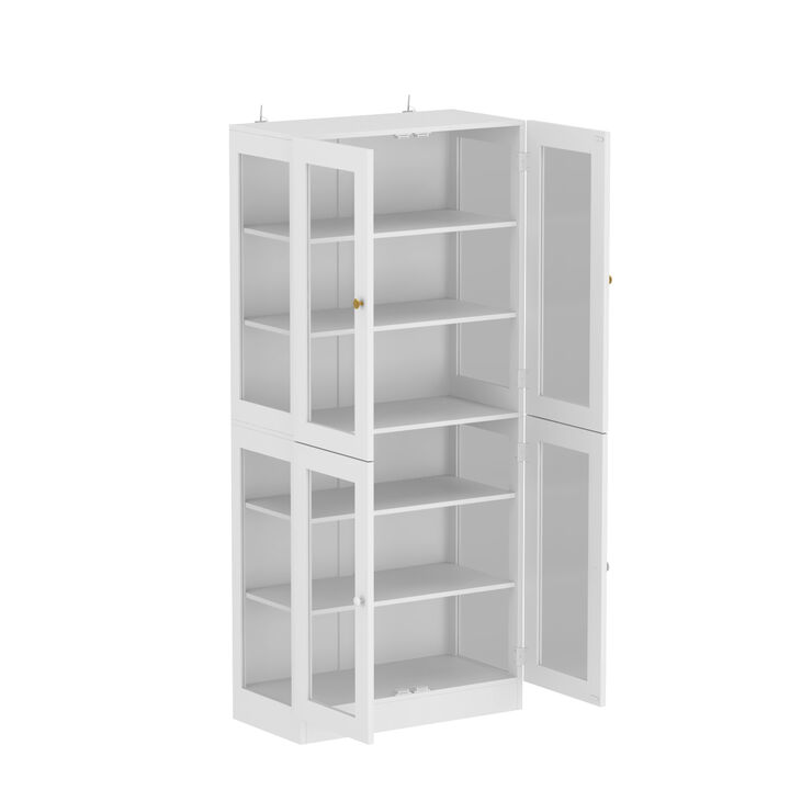 70.9 in. H White Wood 4-Glass Door Accent Cabinet with 6-Tier Shelves Kitchen Pantry Cupboard Storage Cabinet