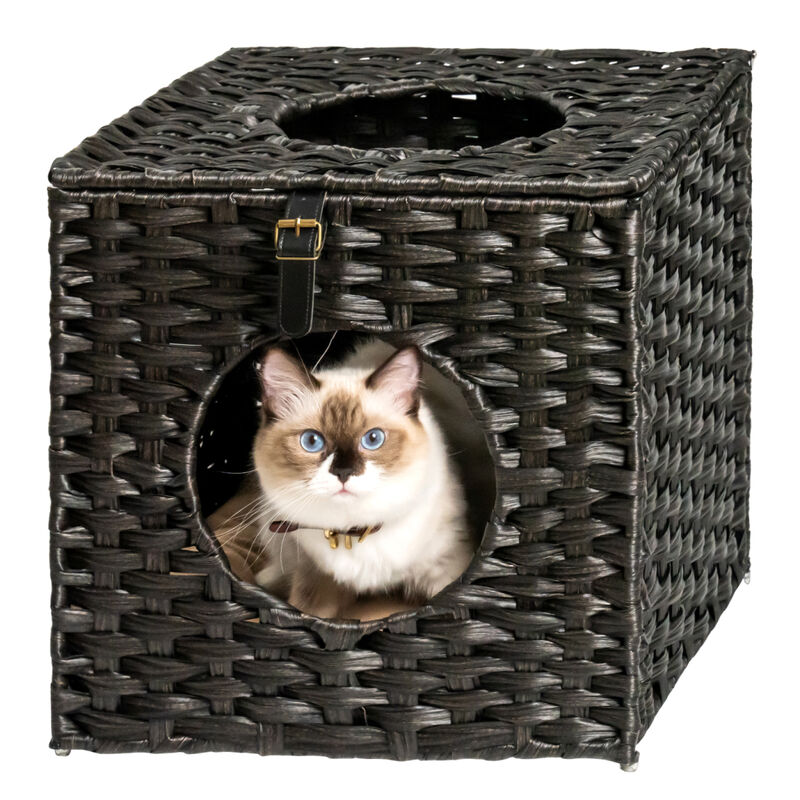 Rattan Cat Litter,Cat Bed with Rattan Ball and Cushion,Black