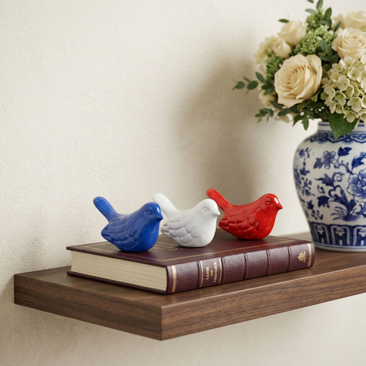 HomeRoots Set of Three Red White And Blue Metal Bird Tabletop Sculptures