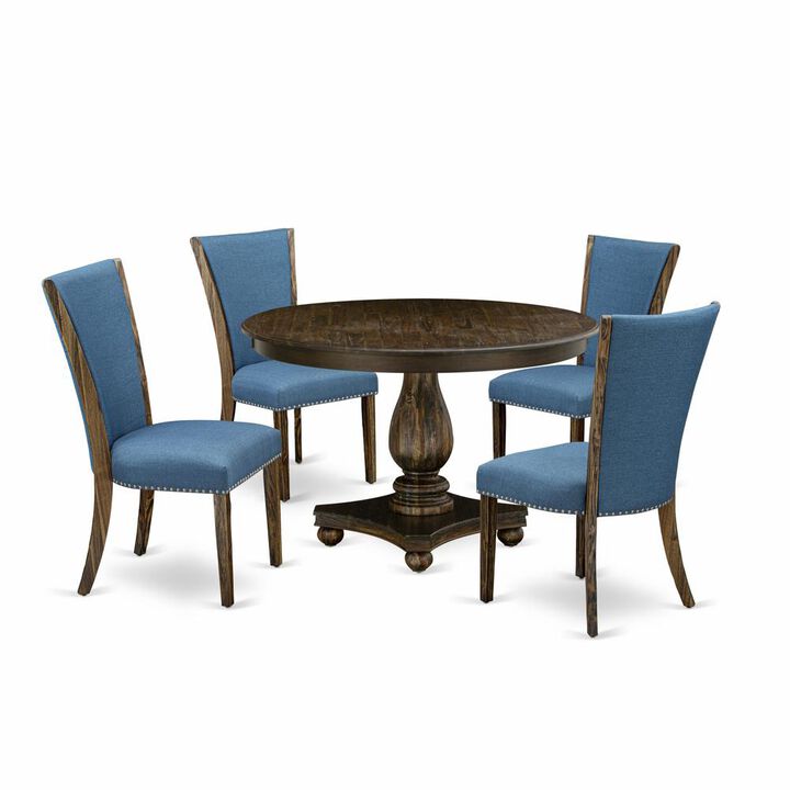 East West Furniture 5-Piece Modern Dining Set - Pedestal Dinning Table and 4 Blue Color Parson Dining Room Chairs with High Back - Distressed Jacobean Finish