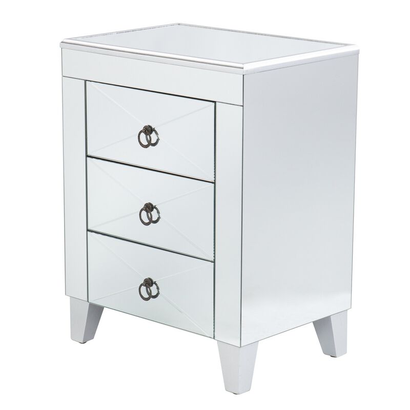 Homezia 26" Silver Manufactured Wood And Iron Rectangular Mirrored End Table With Three Drawers And image number 3