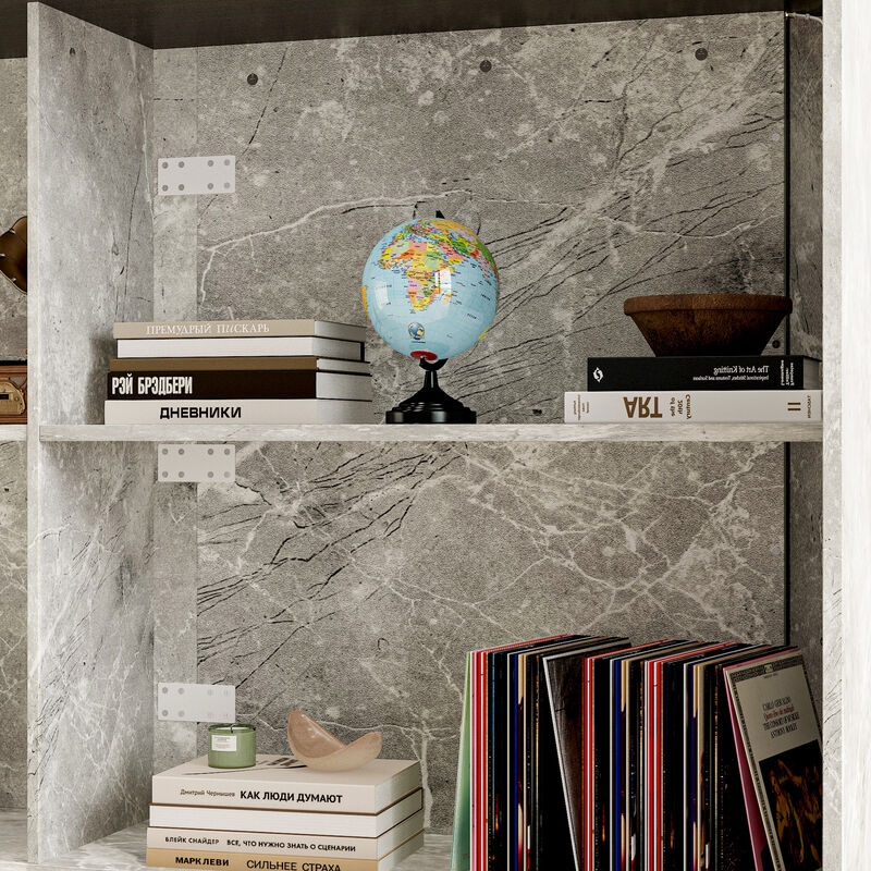 FUFU&GAGA Modern Reception Desk with LED Light Strips, Large Work Surface, Storage Cabinets & Open Shelves, Marble & Brown Finish (94.5 in.  W x 63 in.  D x 41.3 in.  H)