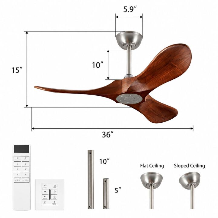 ELEMENT ACE 36 Inch Small Wood Ceiling Fan Without Light 6 Speed 3 Blades With Wall Switch And Remote For Patio Bedroom Indoor Covered Outdoor Spaces