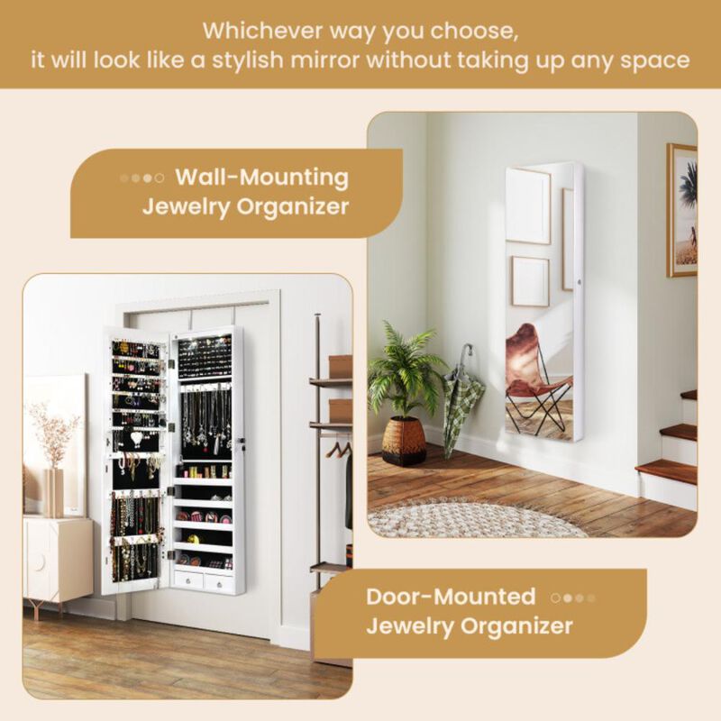 Hivvago Wall and Door Mounted Mirrored Jewelry Cabinet with Lights