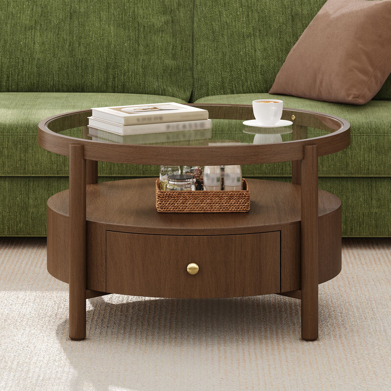 Whisen 29.5" Round Glass Top Coffee Table, Solid Wood 2-Tier Coffee Table with Drawer, Mid-Century Modern Center Table for Living Room image number 2
