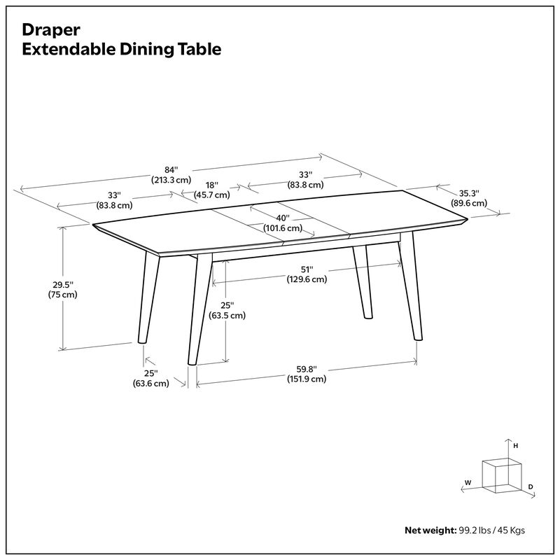 Draper 66-84 inch x 40 inch Rectangle Mid Century Modern Extendable Dining Table in Walnut Veneer