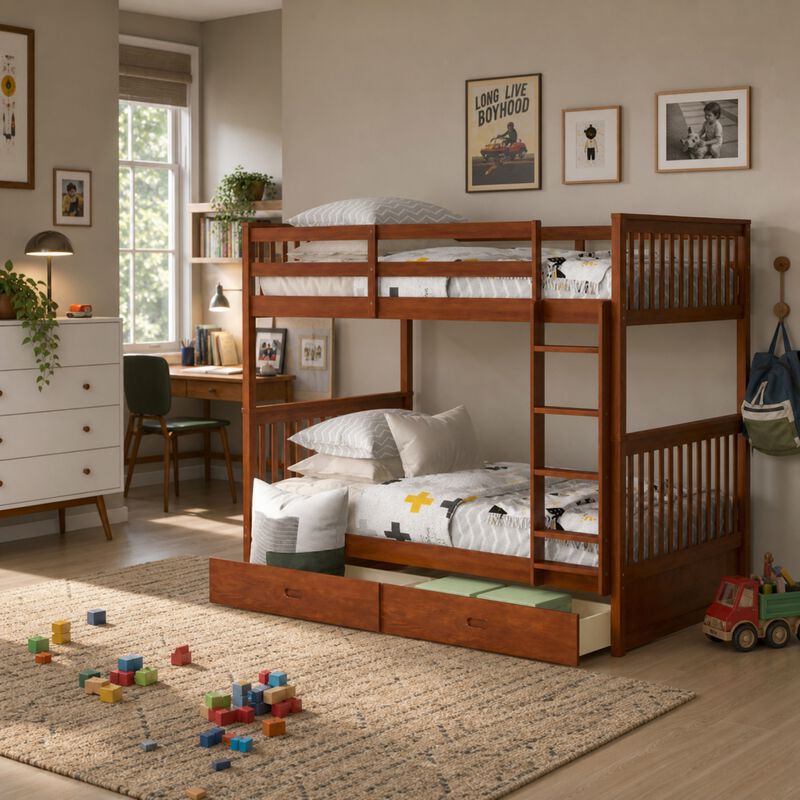 Whisen 80"x42.9" Twin-Over-Twin Bunk Bed, Solid Wood with 2 Drawers for Kids Bedroom image number 1