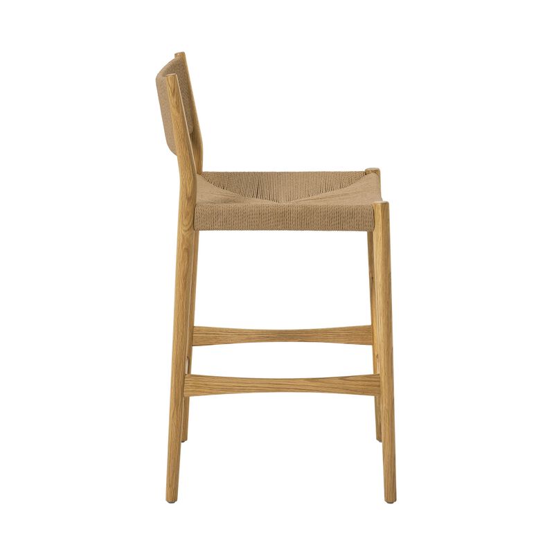 Rie Barstool Chair, Danish Inspired Panel Backrest, Brown Woven Paper Cord - Benzara