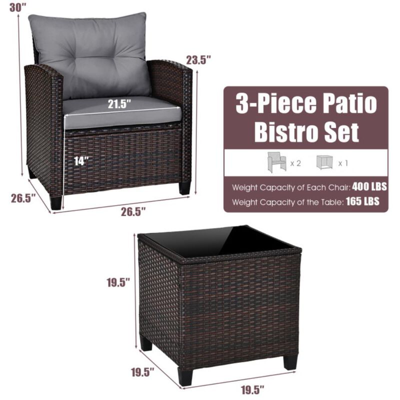 Hivvago 3 Pieces Rattan Patio Furniture Set with Washable Cushion