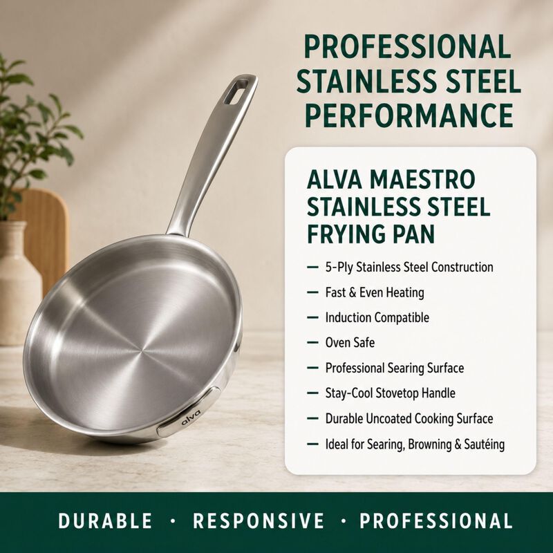 Alva Maestro 5-Ply Stainless Steel Frying Pan - Oven Safe and Made without PFAS, PFOA & PTFE - Induction and All Stovetop Compatible with Even Heat Distribution image number 5