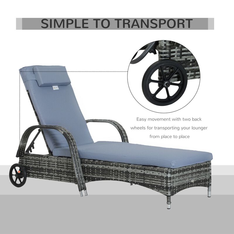 Patio Wicker Chaise Lounge, PE Rattan Outdoor Lounge Chair with Cushion, Height Adjustable Backrest & Wheels, Grey