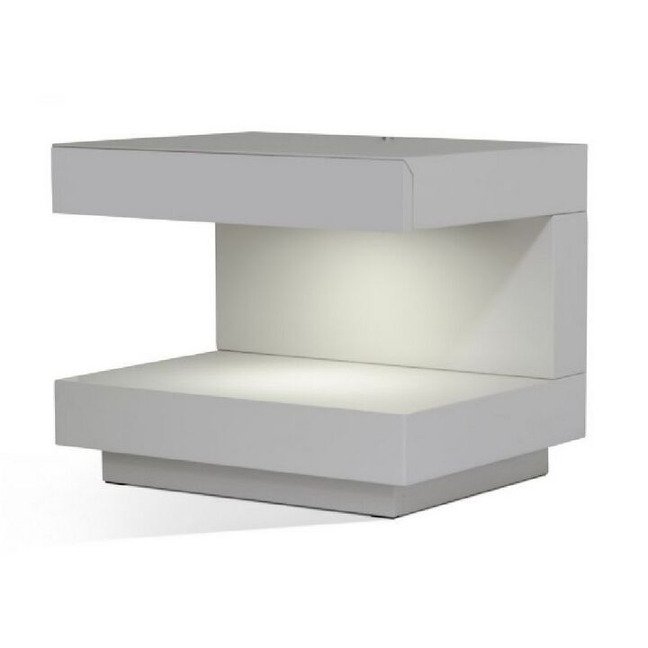 Contemporary Squared C Shaped Wooden Nightstand with LED Light, Gray-Benzara