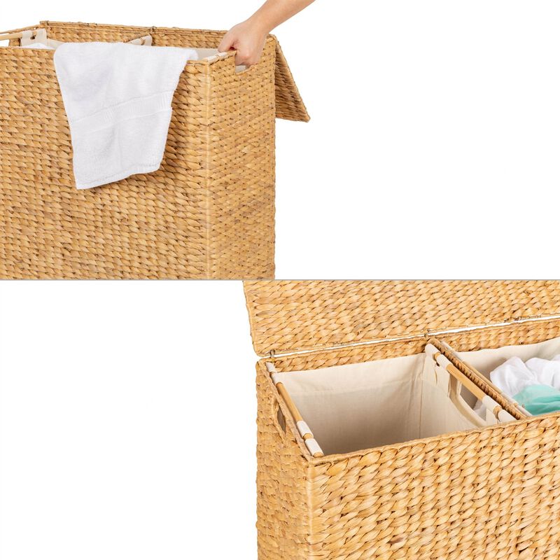 Natural Handwoven 2-Bin Laundry Hamper with Removable Liners and Carry Handles