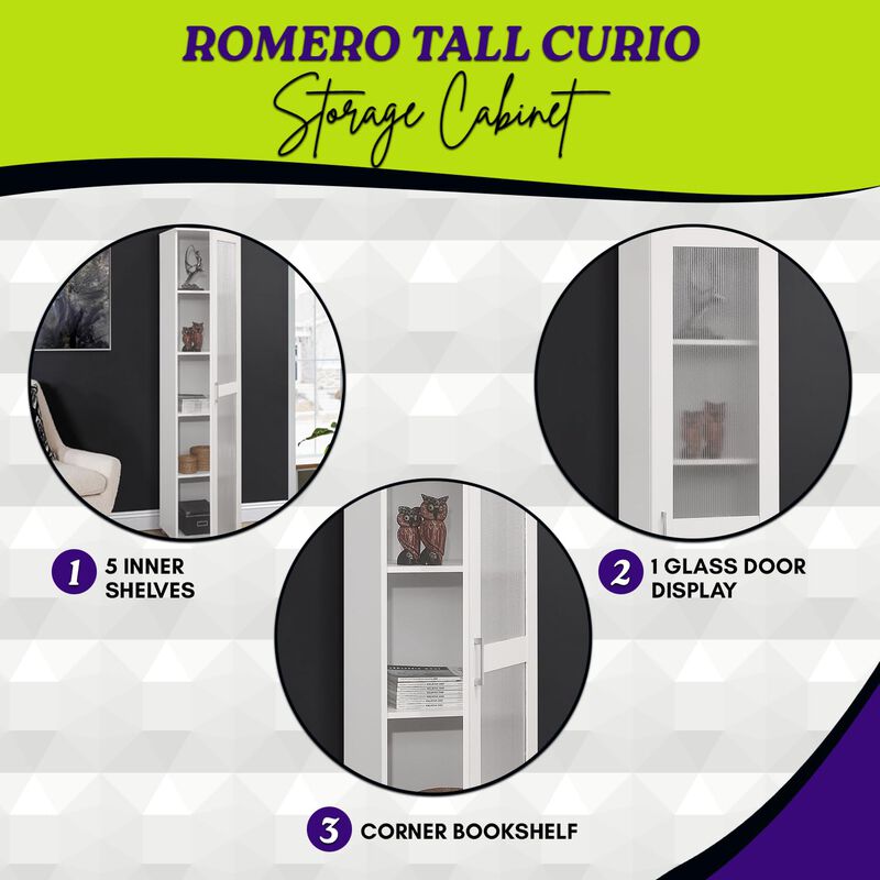 Kings Brand Furniture Romero Tall Curio Storage Cabinet - Tall Bookshelf Perfect for Living Room, Kitchen, Bedroom & Office - Storage Cabinet with 5 Storage Shelving & 1 Glass Door Display