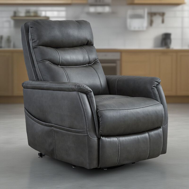 Barrett Power Lift Recliner Chair, Dark Gray Faux Leather, Pillow Back - Benzara