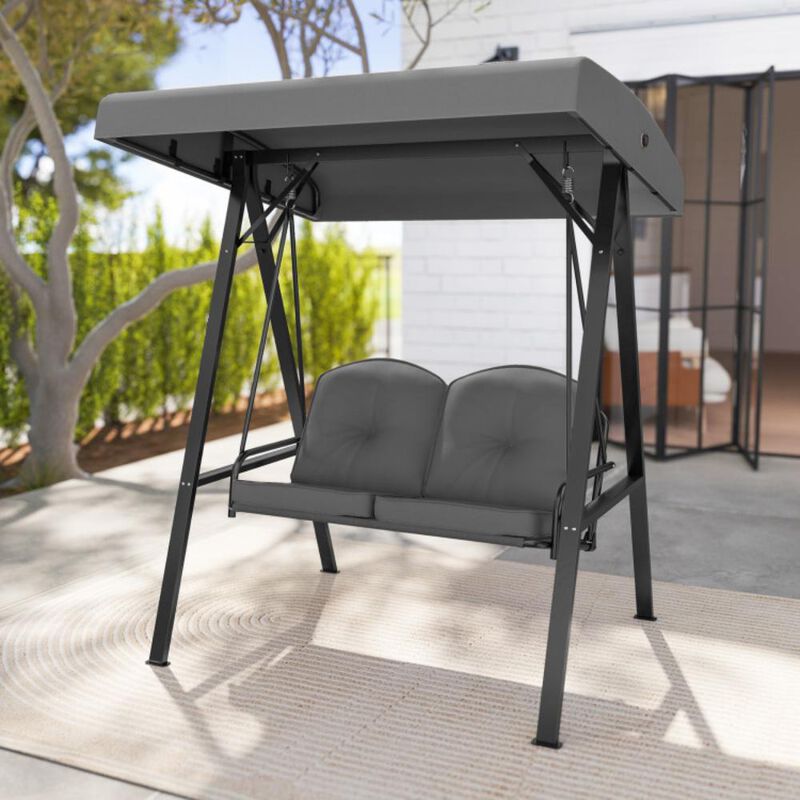 Hivvago 2-Person Outdoor Porch Swing with A-Shaped Metal Stand and Adjustable Canopy