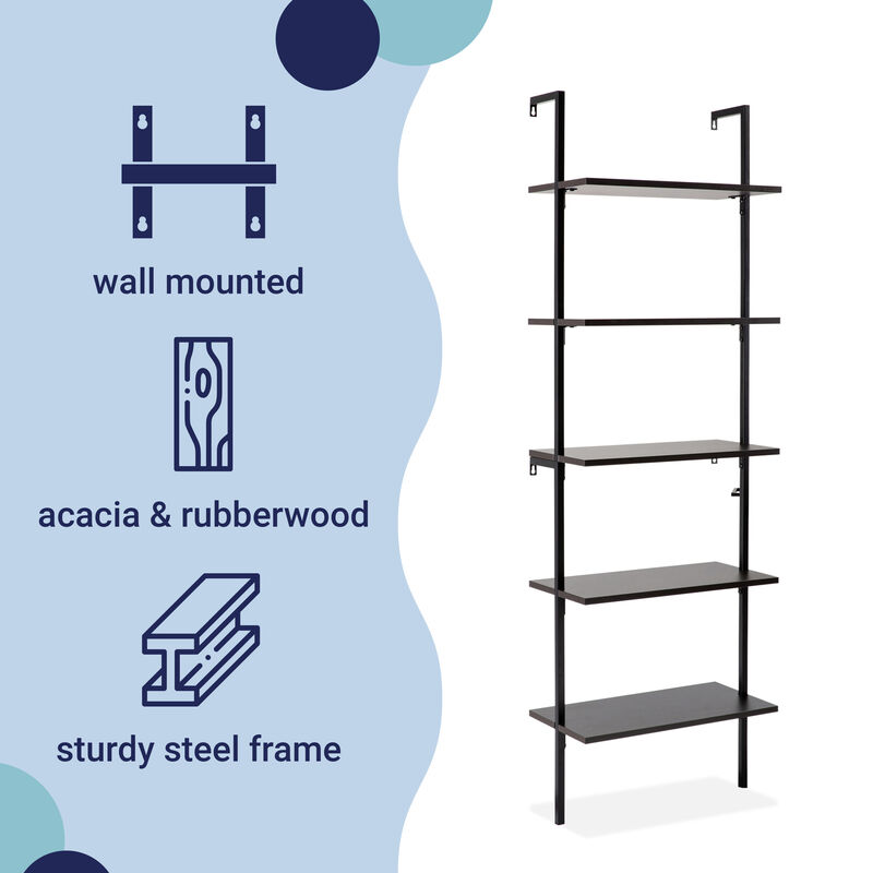 Madera  Industrial 5-Shelf Wood Wall-Mounted Open Ladder Bookcase