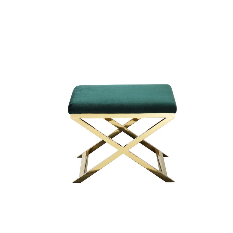 Sovi 24 Inch Accent Stool Ottoman Bench, Plush Green Velvet, Gold X Base - Benzara
