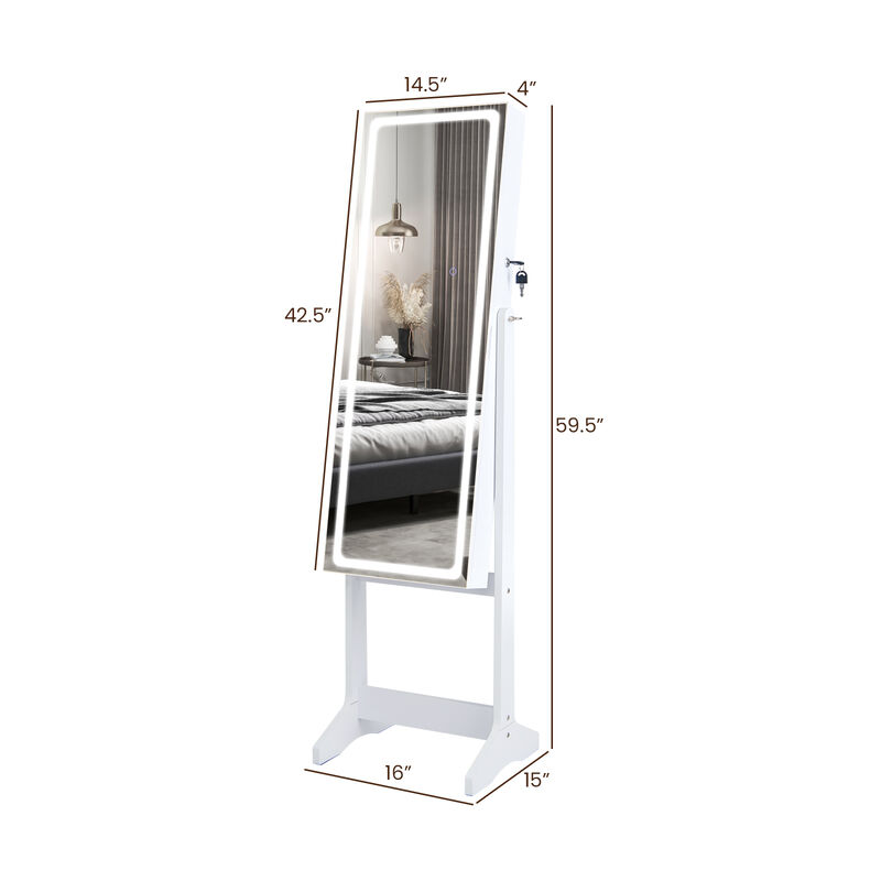 Lockable Jewelry Armoire Standing Cabinet with Lighted Full-Length Mirror