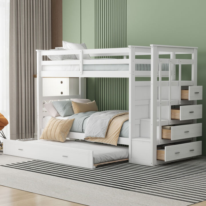 Whisen Modern Design Twin Over Twin Bunk Bed with Trundle and Staircase