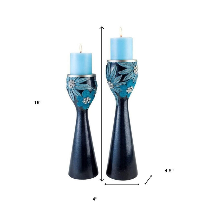 Homezia Set Of Two Navy and Aqua Floral Bling Candle Holders with Candles