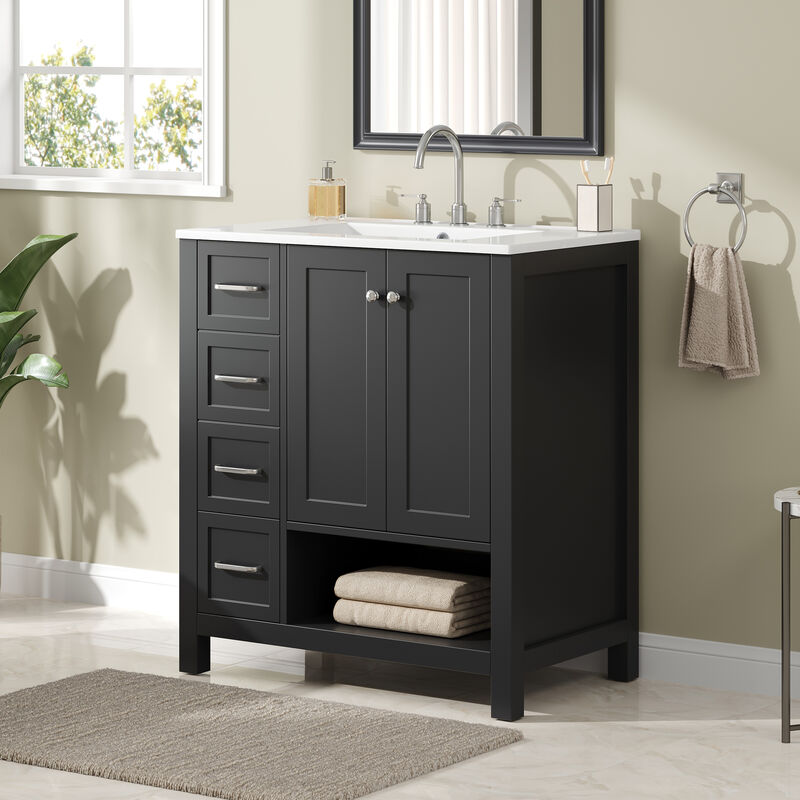 Merax Bathroom Storage Cabinet with Ceramic Basin, 2 Drawers & Door Cabinet image number 2