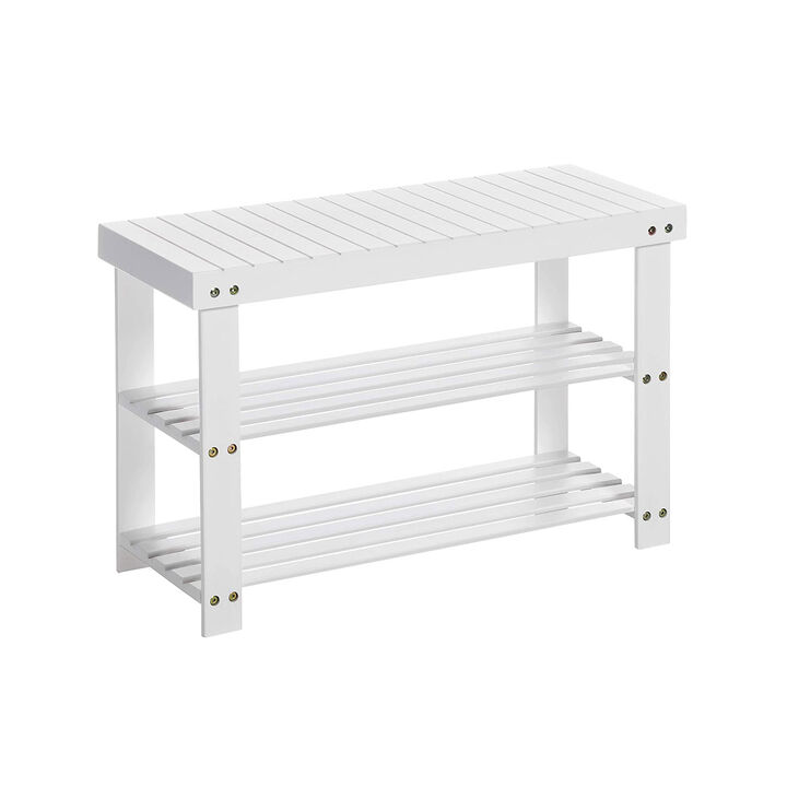 Shoe Bench with 3 Wicker Tiers &ndash; Compact Storage Rack with Seat for Bedroom, Entryway or Closet Use