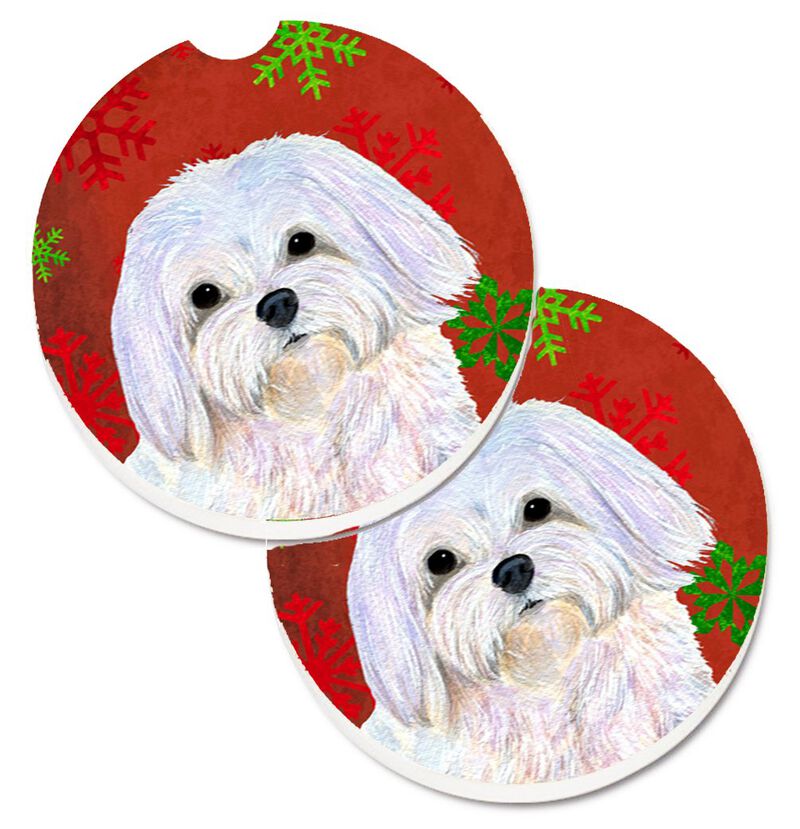 Caroline's Treasures Maltese Red & green Snowflakes Holiday Christmas Set of 2 Cup Holder Car Coasters SS4689CARC, 2.56, Multicolor image number 0