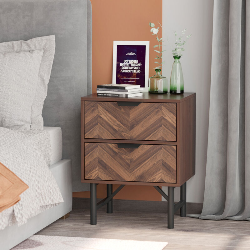 2-Drawer Brown Wood Nightstand With Metal Legs, Side Table Bedside Table 24 in. H x 18.9 in. W x 15.7 in. D