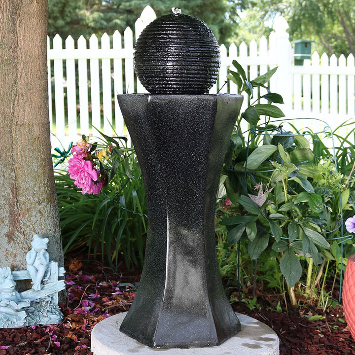 Sunnydaze Black Pedestal/Ball Solar Fountain with Battery/LED Light - 31 in