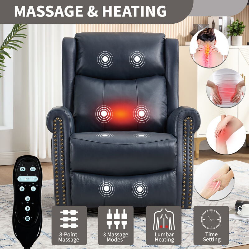 Genuine leather Heat Massage Manual Recliner Chair with Rocker and Swivel for Living Room image number 3