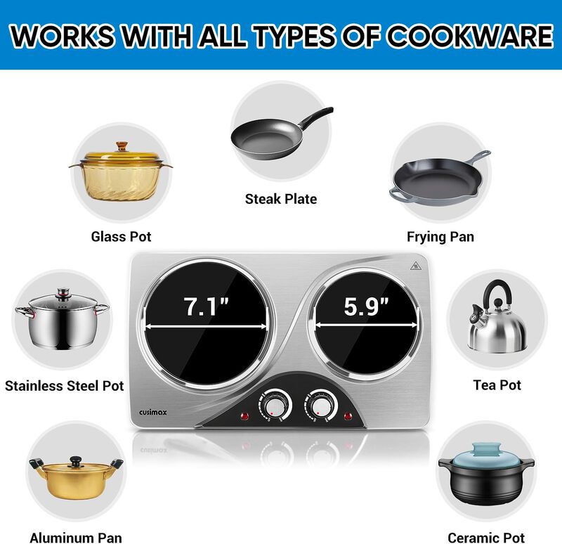 Cusimax Hot Plate, 1800W Double Burners, Infrared Burners Electric Ceramic Hot Plate Cooktop for Cooking, Portable Countertop Cooktop image number 3