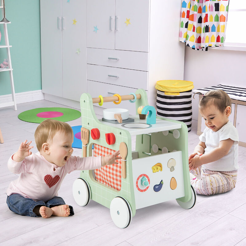 6-in-1 Wooden Baby Stroller with Play Kitchen for Kids Over 12 Months