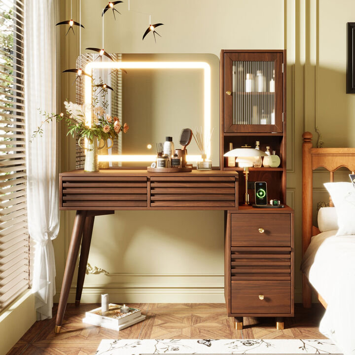 Merax 5-Drawer LED Vanity Table with Fluted Glass Cabinet, 3-Color Lighting, Charging Station
