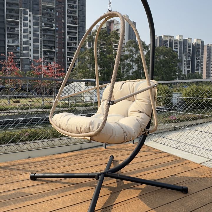 WOW PIONEER Indoor Outdoor Wicker Rattan Swing Egg Chair with Stand, Foldable Hanging Basket Lounge Chair with Cushion, Pillow, Removable Guardrail and Cup Holder