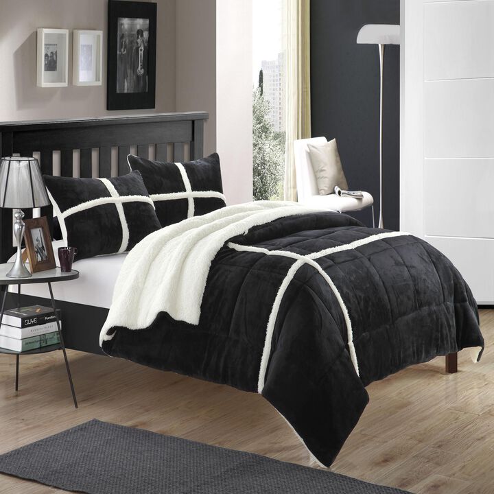 Chic Home Chloe Plush Microsuede Soft & Cozy Sherpa Lined 3 Pieces Comforter & Shams Set - Queen 86x92, Black