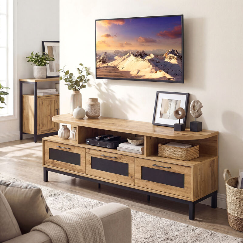 Entertainment Center TV Stand with 3 Drawers and Open Storage Shelves image number 4