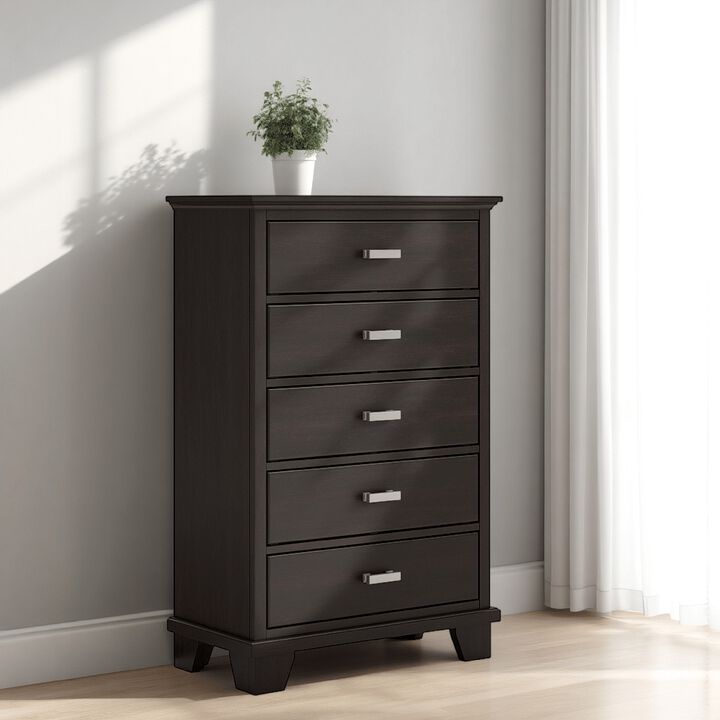 Teno Tall Dresser Chest, 5 Drawers, Nickel, Dark Brown Solid Hardwood
